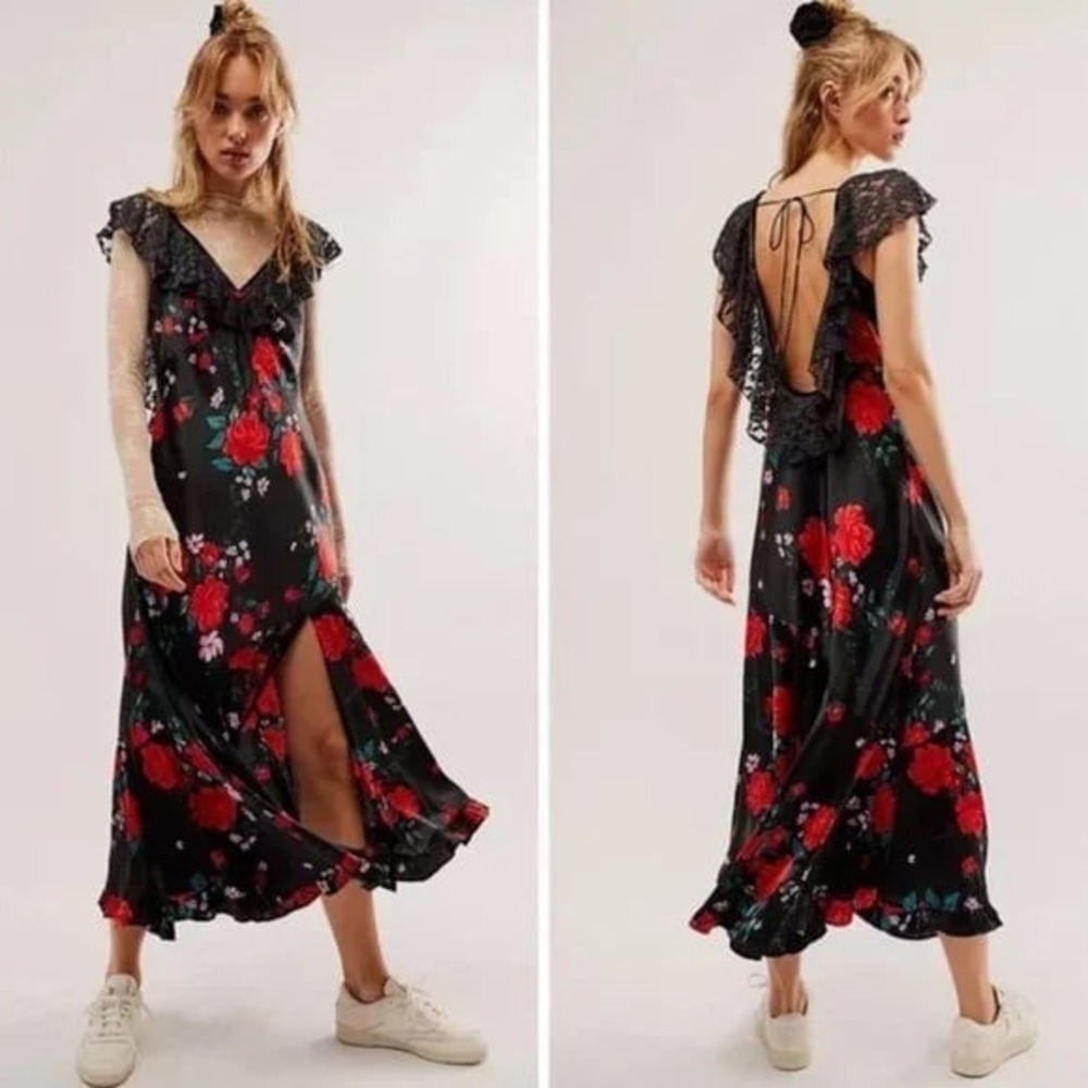 NWT Free People Warm Hearts Open Back Lace Trim Midi Dress‎ Black Floral Rose - Picture 2 of 12